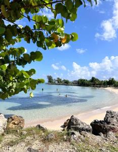a beach with people swimming in the water at Villa Atlantis 3 chambres in Port-Louis
