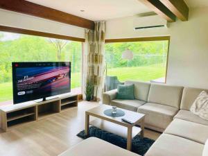 a living room with a couch and a flat screen tv at Dům nad Pržnem in Jablŭnka