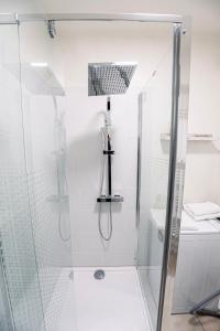 une douche avec une cabine en verre dans une salle de bain dans l'établissement Forest View Quiet and Central, à Hesperange 39 autres photos