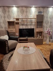 KulaにあるStan na dan DN-apartmanのテーブルとテレビのあるリビングルーム