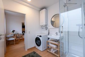 une salle de bain avec un lavabo et une machine à laver dans l'établissement SaLi - Design Apartments, à Trossingen 39 autres photos