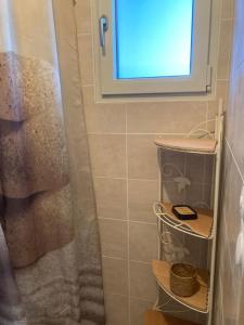 a bathroom with a shower with a window at Maisonnette Hauts d'Evian in Larringes +16 photos