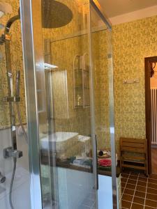 a shower with a glass door in a bathroom at Dimora Paradise in Laglio +22 photos