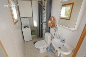 a small bathroom with a toilet and a sink at Private Riverside Cabin & Sauna - Northern Lights from Your Terrace in Pello +31 photos