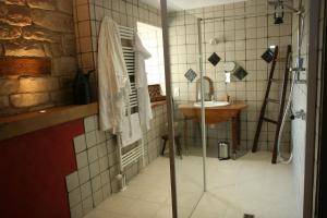 a bathroom with a shower and a sink at Hagebuche in Brouviller