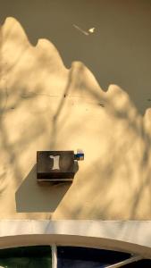 eine Kiste an der Seite eines Gebäudes mit einem fliegenden Vogel in der Unterkunft Pousada Gaturama suite 1 in Corumbá + 10 Fotos