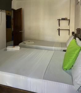 um quarto com 2 camas e almofadas verdes em Hotel Casa Vieja em Santa Marta