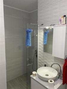 een badkamer met een glazen douche en een wastafel bij Luxury CH Apartments in Pristina