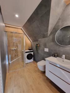 een badkamer met een douche, een toilet en een wastafel bij Apartament 7niebo in Gliczarów Górny