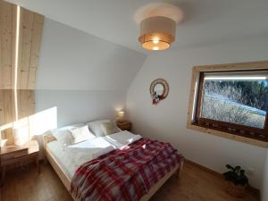 een bed in een kamer met een raam en een bed sidx sidx sidx bij Apartament 7niebo in Gliczarów Górny