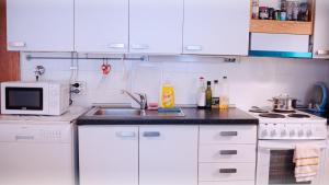 罗瓦涅米Santa's indoor Camping Hostel的带水槽和微波炉的白色厨房 更多7张照片