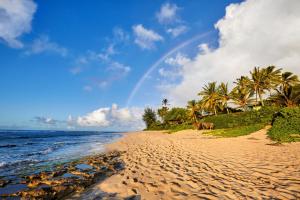 a rainbow over a beach with palm trees and the ocean at Marbella Lane - Elegant 3BR w Marvelous Views in Waianae