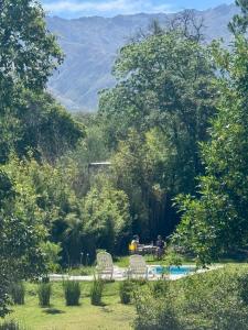 a group of people sitting around a table by a pool at Cabañas Rincon del Champa in San Javier +6 photos