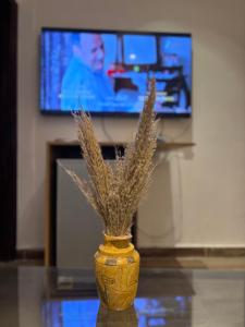 Eine Vase auf einem Tisch, im Hintergrund ein Fernseher. in der Unterkunft 4 Pyramids INN in Kairo