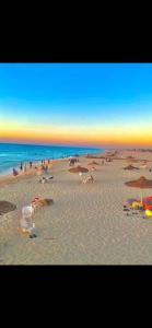een groep mensen op een strand met parasols bij chalet ramsis village in Alexandrië