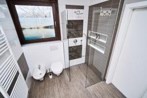 een badkamer met toilet en glazen douche bij Matic Murgle Atrium Apartment in Ljubljana +19 foto's