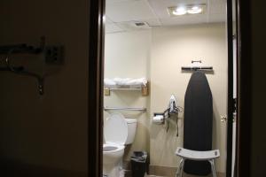 a small bathroom with a toilet and a sink at Quality Inn & Suites Moline - Quad Cities in Moline