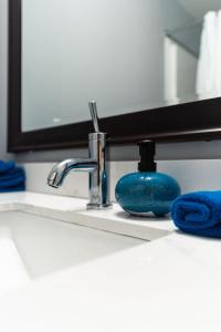 a bathroom sink with a blue soap dispenser on it at Nest Inn in Watertown