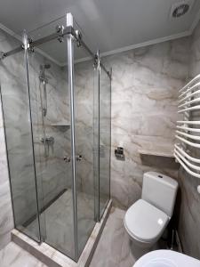 eine Duschkabine im Bad mit WC in der Unterkunft Karpatske Vidlunnya in Mykulytschyn + 34 Fotos