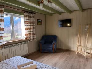 ein Schlafzimmer mit einem blauen Stuhl und einem Fernseher in der Unterkunft Karpatske Vidlunnya in Mykulytschyn