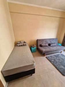 ein Zimmer mit zwei Betten und einer Couch in der Unterkunft APARTAMENTO NOVO NO CENTRO DE CAXAMBU mg in Caxambu