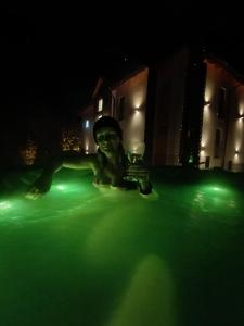 a man holding a glass in a swimming pool at night at Apartamenty Trzy Kopce SKI & BIKE & SAUNA in Ustroń