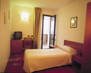 a hotel room with a bed and a desk and a television at Hotel Serenella in Gazzaniga