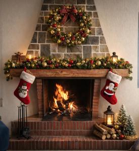 Casa Verna Jacuzzi y Barbacoa في مورسية: مدفأة مع إكليل عيد الميلاد وشجرة عيد الميلاد