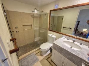 a bathroom with a toilet and a shower and a sink at Luxury Beachfront Condo at Iguana-Ixtapa in Ixtapa +4 photos