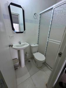 een badkamer met een toilet, een wastafel en een spiegel bij Hotel Casa Manzanares in Santa Marta