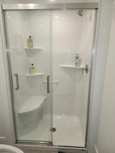 Lakeview Breaktrail Stays في Crosby Island: دش مع باب زجاجي في الحمام