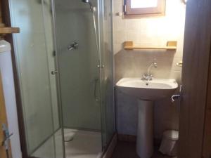 a bathroom with a glass shower and a sink at Chalets indépendants avec jardin et jeux d'enfants - FR-1-489-402 in Mesples