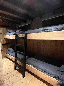 3 stapelbedden in een kamer met een houten vloer bij Sirena Lodge in De Cauquenes