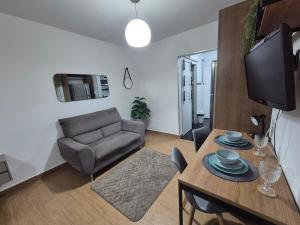 a living room with a couch and a table at Studio completo e aconchegante com vaga de garagem in Campinas