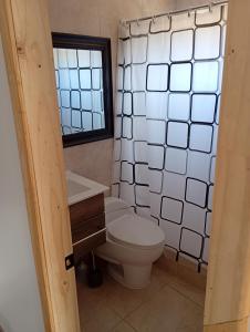 Cabañas Campo y Mar في Los Corrales: حمام مع مرحاض ومغسلة ونافذة