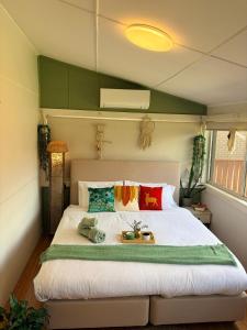 een slaapkamer met een groot bed met kleurrijke kussens bij Mystic Gardens with private entrance and bathroom in Wentworthville