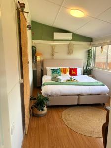 een slaapkamer met een groot bed met kleurrijke kussens bij Mystic Gardens with private entrance and bathroom in Wentworthville