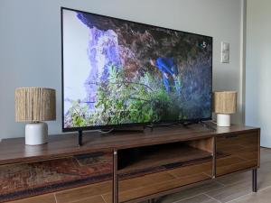 a flat screen tv sitting on top of a wooden entertainment center at La Parent-aise in Thionville