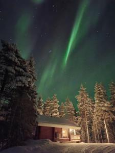 a cabin with the aurora in the sky at night at Peikonpesä in Syöte +12 photos