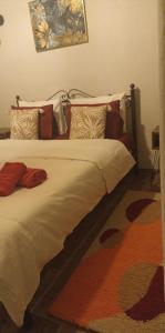 a bedroom with a large bed with red pillows at Casa Anastacia Sykia in Sikia