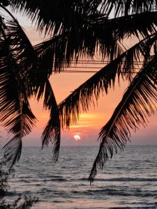 a sunset over the ocean with a palm tree at Mangalore BeachFront Villa in Mangalore