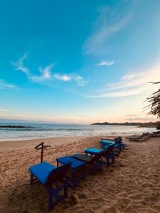 eine Reihe blauer Picknicktische am Strand in der Unterkunft Opera Tangalle in Tangalle