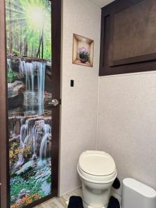 une salle de bain avec toilettes avec une peinture de cascade sur le mur dans l'établissement Oasis rodante, à Tampa 33 autres photos