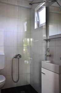 a bathroom with a shower and a toilet and a sink at Apartmani Ortolio in Viganj +52 photos