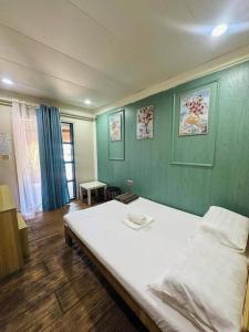 um quarto com uma cama grande com uma parede verde em Coco Mango's Place em Taporok