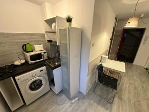 a kitchen with a washing machine and a microwave at New Green Apartment Studio 1 in Bucharest +8 photos