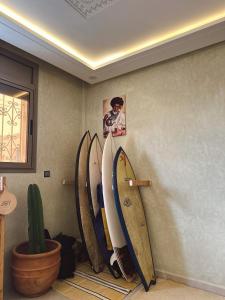 three surfboards are lined up against a wall at Cool Surfers Morocco in Agadir