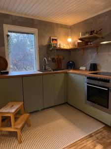 a kitchen with green cabinets and a window at Sofias Lovely Little House in Stockholm