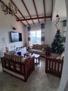 een woonkamer met een kerstboom en een bank bij Ferienwohnung mit 3 Schlafzimmern und Traumblick in Bandarawela