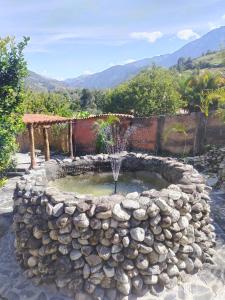 una fontana in un cortile con un muro di roccia di Bella Vista Suites Mérida a Tabay